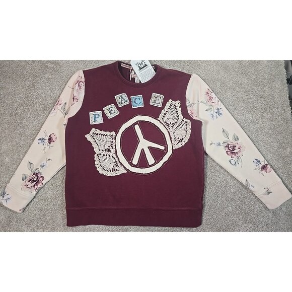 OOAK Upcycled Reworked Sweatshirt PEACE Vtg Doily Floral Appliques Boyfriend M - Picture 1 of 16